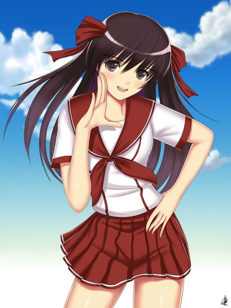 Anime picture 2480x3307 with original xiao lian single tall image blush highres open mouth black hair brown eyes signed cloud (clouds) girl skirt uniform bow hair bow school uniform miniskirt