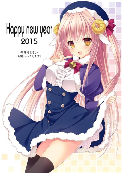 Anime picture 800x1131 with original minatsuki alumi single long hair tall image blush open mouth animal ears yellow eyes pink hair new year happy new year 2015 girl thighhighs dress black thighhighs beret