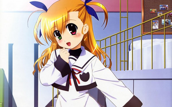 Anime picture 1920x1200 with mahou shoujo lyrical nanoha mahou shoujo lyrical nanoha strikers takamachi vivio okuda yasuhiro single long hair looking at viewer blush fringe highres open mouth blonde hair hair between eyes red eyes wide image green eyes upper body indoors :d two side up