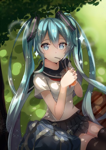 Anime picture 2000x2828 with vocaloid hatsune miku lingyan heiye single tall image looking at viewer blush fringe highres breasts open mouth hair between eyes sitting twintails holding payot ahoge very long hair pleated skirt aqua eyes