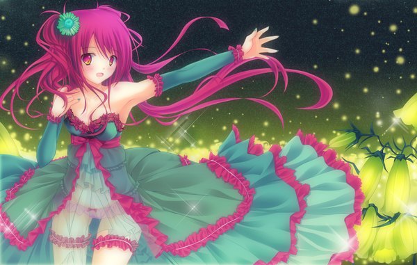 Anime picture 1600x1018 with original shiraha (haijin) single long hair blush open mouth light erotic bare shoulders pink hair pink eyes hair flower girl dress hair ornament underwear panties flower (flowers) detached sleeves