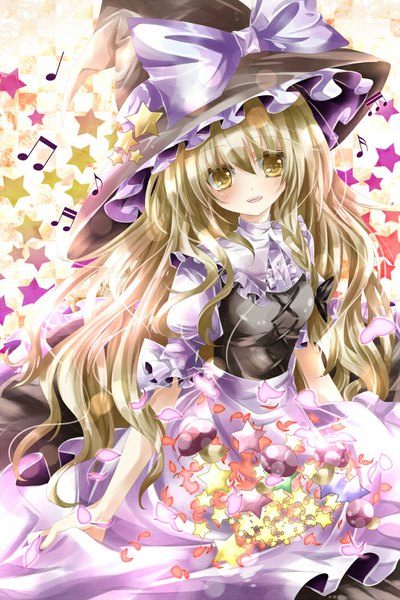 Anime picture 700x1050 with touhou kirisame marisa nanase nao single long hair tall image looking at viewer blonde hair yellow eyes witch girl dress flower (flowers) petals star (symbol) witch hat