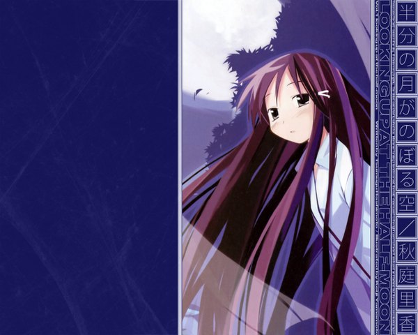 Anime picture 1280x1024 with hanbun no tsuki ga noboru sora akiba rika yamamoto keiji long hair looking at viewer purple hair silver eyes hair ornament bobby pin