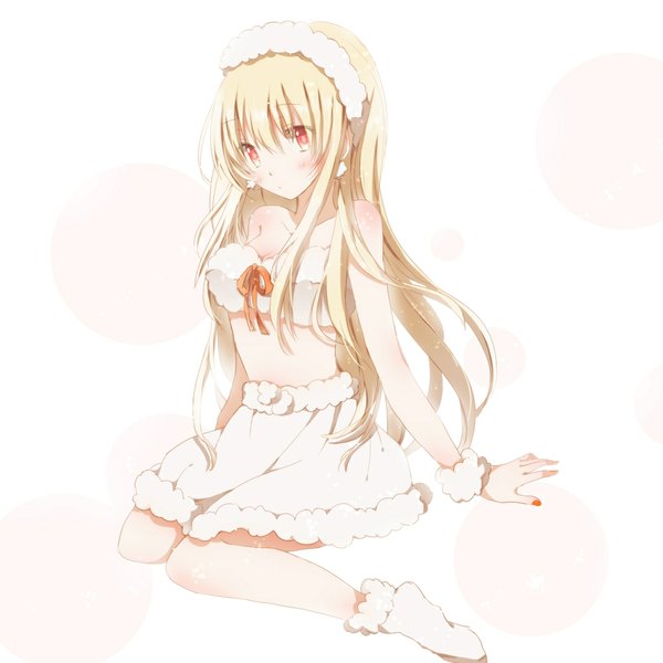 Anime picture 1050x1050 with original hiro (hirohiro31) single long hair blonde hair simple background red eyes white background looking away girl skirt hairband