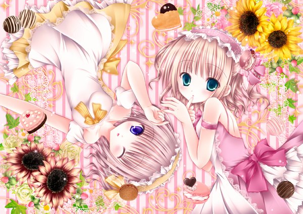 Anime picture 1169x827 with original mubi alice looking at viewer blush short hair blue eyes brown hair purple eyes multiple girls one eye closed wink loli finger to mouth girl dress flower (flowers) ribbon (ribbons) 2 girls food headdress