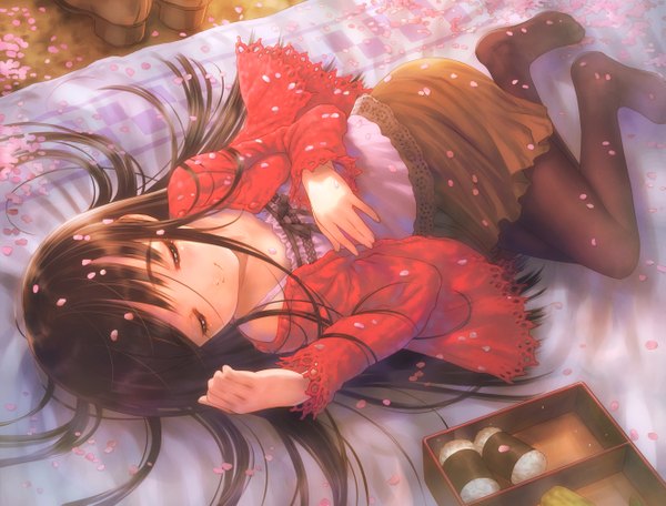 Anime picture 5305x4037 with original goto p single long hair fringe highres black hair smile full body bent knee (knees) outdoors lying eyes closed long sleeves on back no shoes sleeping girl skirt petals