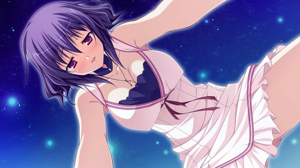 Anime picture 1280x720 with fortissimo//akkord:bsusvier (game) ooba kagerou blush short hair wide image purple eyes game cg purple hair girl dress