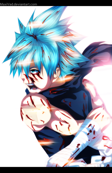 Anime picture 1037x1600 with soul eater studio bones black star maxivad single tall image short hair open mouth blue eyes simple background white background blue hair coloring muscle angry spiked hair boy blood bandage (bandages)