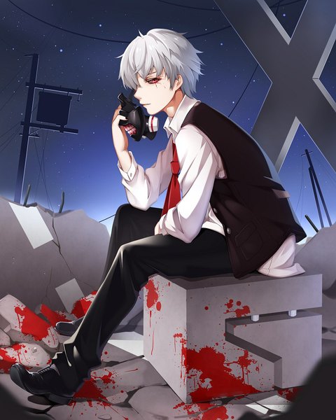 Anime picture 800x1000 with tokyo ghoul tokyo ghoul:re studio pierrot kaneki ken ello-chan single tall image looking at viewer sitting holding outdoors white hair profile fingernails night leaning leaning forward open collar black sclera boy