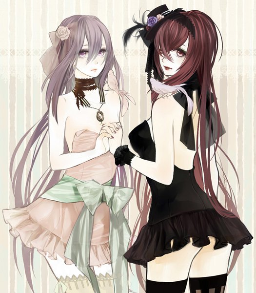 Anime picture 700x800 with original shikishima (eiri) long hair tall image looking at viewer fringe light erotic hair between eyes standing bare shoulders multiple girls brown eyes nail polish hair flower from behind hair over one eye lipstick holding hands interlocked fingers girl