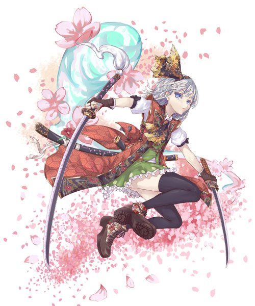 Anime picture 1180x1417 with touhou konpaku youmu myon mumulatte tall image looking at viewer short hair blue eyes holding white hair floral print jumping ghost dual wielding girl thighhighs skirt gloves flower (flowers) ribbon (ribbons)