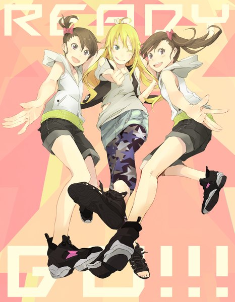 Anime picture 1089x1400 with idolmaster hoshii miki futami mami futami ami yoshito (u10) long hair tall image looking at viewer short hair open mouth blue eyes blonde hair smile brown hair purple eyes bare shoulders multiple girls ahoge text outstretched arm