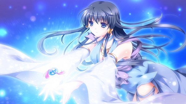 Anime picture 1024x576 with fortuna rhapsody long hair blue eyes black hair wide image game cg magic girl detached sleeves