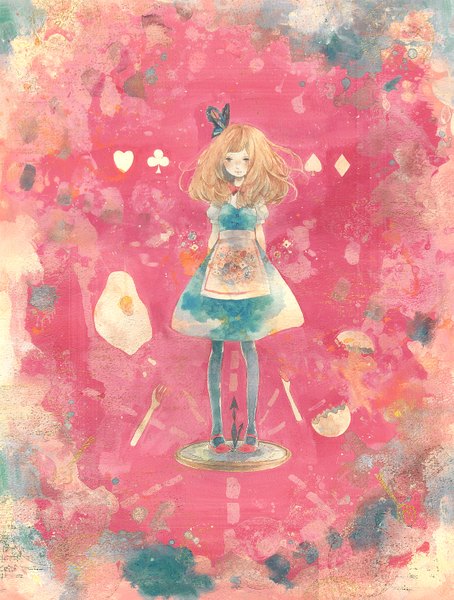 Anime picture 1141x1508 with alice in wonderland alice (wonderland) wayukako single tall image blush short hair blonde hair grey eyes traditional media freckles watercolor (medium) girl dress insect butterfly clock pocket watch fork spoon