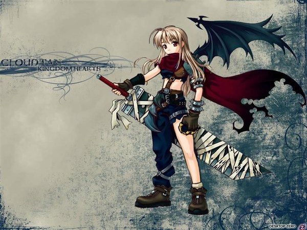 Anime picture 1024x768 with kingdom hearts pia carrot square enix takai sayaka grey background sword wings