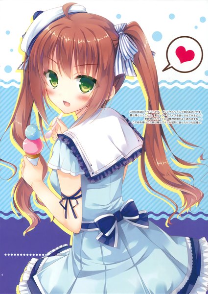 Anime picture 2336x3300 with original hisama kumako single long hair tall image looking at viewer fringe highres open mouth brown hair twintails green eyes scan striped background girl dress bow hair bow food heart
