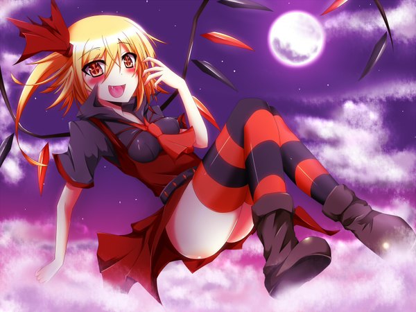 Anime picture 1600x1200 with touhou flandre scarlet suterii blush open mouth blonde hair cloud (clouds) orange eyes one side up weightlessness girl thighhighs skirt bow hair bow miniskirt wings moon striped thighhighs