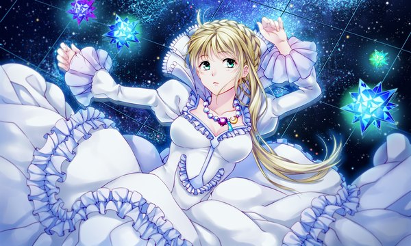 Anime picture 1500x900 with aldnoah.zero a-1 pictures asseylum vers allusia nanatsu maka (artist) single long hair looking at viewer blue eyes blonde hair wide image braid (braids) girl dress frills pendant crystal