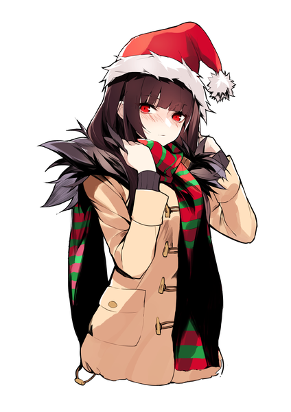 Anime picture 2480x3508 with girls frontline wa2000 (girls frontline) inxst single long hair tall image looking at viewer fringe highres simple background red eyes brown hair white background upper body blunt bangs adjusting clothes girl hat scarf coat
