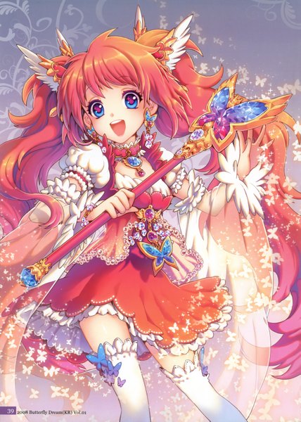 Anime picture 2526x3537 with original nardack single long hair tall image blush fringe highres open mouth blue eyes smile twintails orange hair puffy sleeves text wavy hair magical girl girl thighhighs skirt