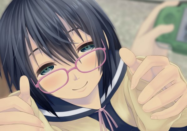 Anime picture 2480x1748 with original koko (koko3) single long hair blush highres black hair smile green eyes girl glasses serafuku