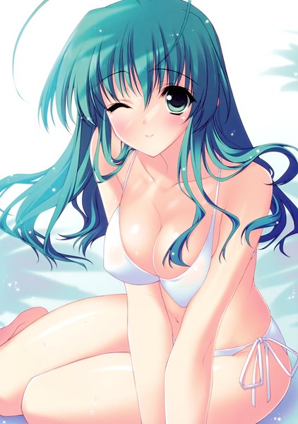 Anime picture 2112x3000 with r.g.b! shiki midori suzuhira hiro single long hair tall image fringe highres breasts light erotic hair between eyes green eyes one eye closed wink scan aqua hair girl swimsuit bikini white bikini