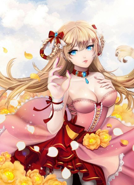 Anime picture 700x970 with original ravaniz single long hair tall image looking at viewer fringe breasts light erotic blonde hair large breasts bare shoulders sky cleavage cloud (clouds) braid (braids) nail polish parted lips fingernails lips