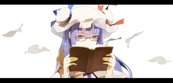 Anime picture 2492x1202 with touhou patchouli knowledge shihou (g-o-s) single long hair looking at viewer highres simple background wide image white background purple eyes purple hair wind letterboxed girl ribbon (ribbons) glasses book (books) leaf (leaves) bonnet