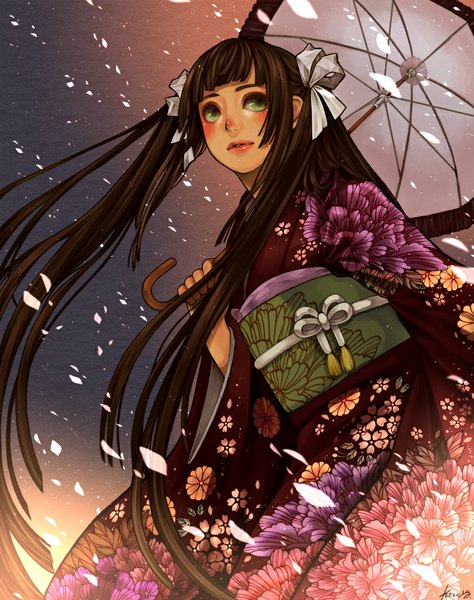 Anime picture 800x1012 with original 29kiccyo single long hair tall image blush fringe brown hair twintails green eyes traditional clothes japanese clothes wind floral print looking up girl ribbon (ribbons) hair ribbon petals umbrella