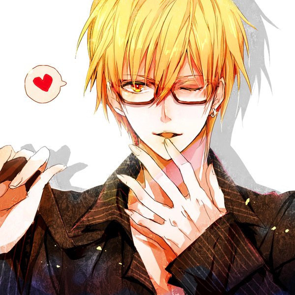 Anime picture 1500x1500 with kuroko no basket production i.g kise ryouta serinavvv single fringe short hair open mouth blonde hair hair between eyes yellow eyes one eye closed wink shadow piercing finger to mouth boy earrings glasses heart