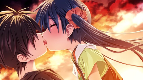 Anime picture 1280x720 with dolphin divers nangou tsukimi senomoto hisashi long hair blush short hair black hair wide image twintails game cg cloud (clouds) eyes closed evening sunset kiss french kiss girl boy
