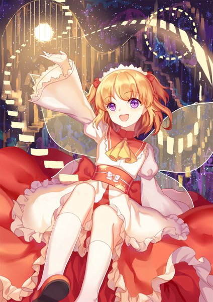 Anime picture 1000x1414 with touhou sunny milk mirror (xilu4) single tall image looking at viewer short hair open mouth blonde hair purple eyes :d arm up two side up girl wings socks frills white socks ascot