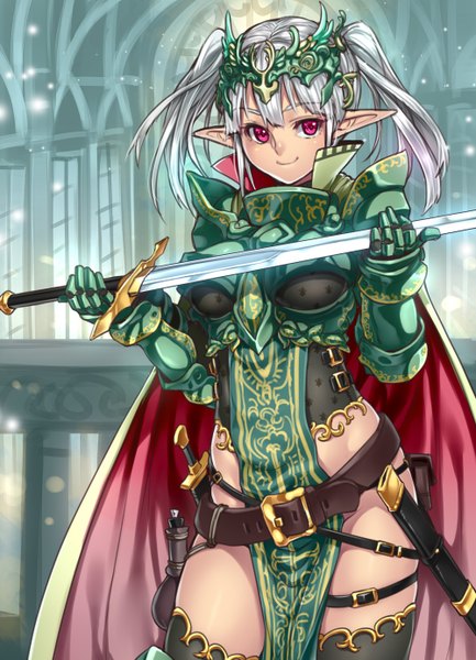 Anime picture 1000x1385 with original houtengeki tall image short hair red eyes twintails silver hair pointy ears girl gloves weapon sword elbow gloves belt armor