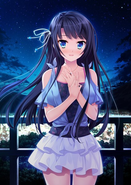 Anime picture 1280x1800 with natsu no iro no nostalgia moonstone manazuru misaki yamakaze ran single long hair tall image looking at viewer fringe breasts blue eyes standing blue hair game cg sky cloud (clouds) outdoors night hand on chest girl