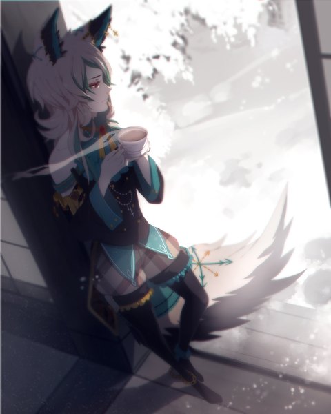 Anime picture 1024x1279 with samascqua single tall image fringe short hair hair between eyes red eyes standing holding animal ears looking away bent knee (knees) tail animal tail from above wide sleeves fox ears fox tail eyeshadow steam