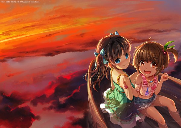 Anime picture 1600x1131 with original 1991 (blz) long hair looking at viewer blush short hair open mouth blue eyes black hair smile red eyes sitting twintails multiple girls loli evening sunset girl bow 2 girls