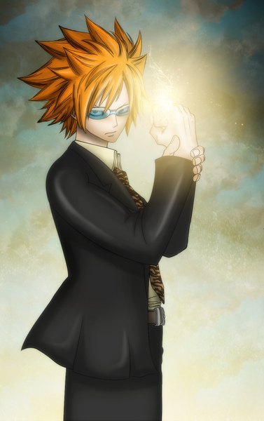 Anime picture 1024x1629 with fairy tail loke gray fullbuster (artist) single tall image short hair blue eyes simple background brown hair coloring magic light zodiac leo (zodiac) boy glasses necktie suit