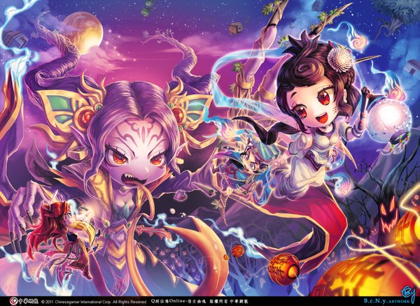 Anime picture 1500x1095 with ghost story (game) b.c.n.y. (bcnyart) long hair open mouth black hair smile red eyes brown hair purple eyes twintails green eyes signed game cg sky purple hair cloud (clouds) ponytail nail polish traditional clothes fingernails