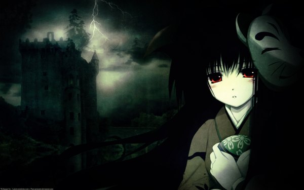 Anime picture 1920x1200 with original nagomi single long hair looking at viewer blush highres black hair red eyes wide image night loli wallpaper dark background mask on head sad lightning girl mask castle