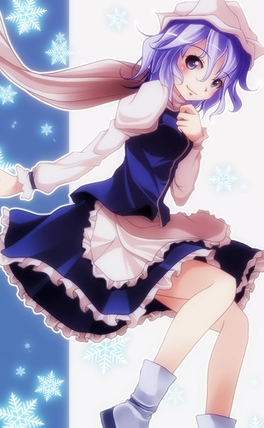 Anime picture 1000x1618 with touhou letty whiterock s-syogo single tall image blush short hair purple eyes purple hair girl dress scarf bonnet