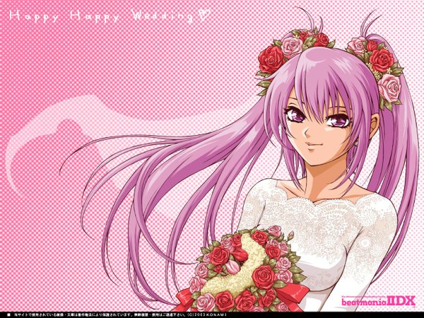 Anime picture 1280x960 with beatmania beatmania iidx tagme (character) single long hair fringe hair between eyes purple eyes twintails purple hair hair flower copyright name pink background checkered checkered background wedding girl dress flower (flowers) white dress