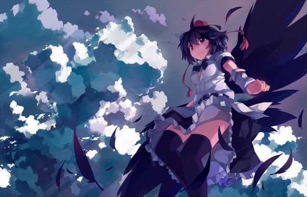 Anime picture 1800x1155 with touhou shameimaru aya huanxiang huifeng single highres short hair black hair red eyes cloud (clouds) girl thighhighs dress black thighhighs wings feather (feathers)