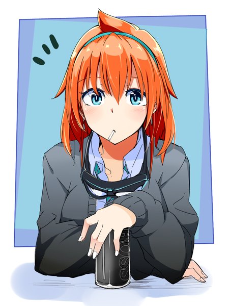 Anime picture 1000x1328 with original boss coffee amano tora kazenoko single tall image looking at viewer blush fringe short hair blue eyes hair between eyes holding ahoge upper body nail polish fingernails orange hair arm support mouth hold