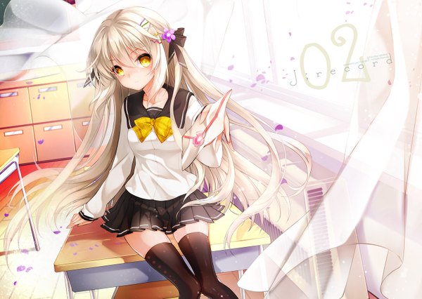 Anime picture 1406x1000 with original juna single long hair looking at viewer blush yellow eyes white hair girl thighhighs uniform hair ornament black thighhighs petals serafuku window hairclip bowtie curtains desk