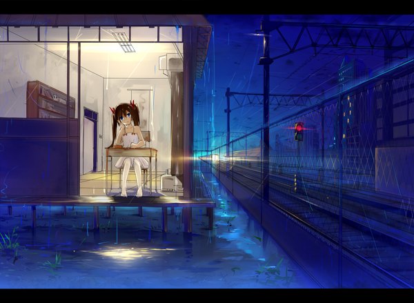 Anime picture 2000x1466 with original baisi shaonian single long hair fringe highres blue eyes brown hair sitting twintails night hand on chest rain girl dress pantyhose chair table train traffic lights