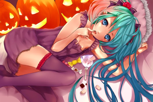 Anime picture 1620x1080 with vocaloid hatsune miku roku (hikokeng) single long hair open mouth blue eyes twintails bare shoulders lying very long hair hair flower aqua hair halloween girl thighhighs hair ornament bow hair bow food