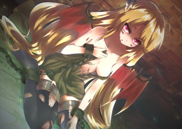 Anime picture 3507x2480 with original icyfox single long hair looking at viewer highres light erotic blonde hair sitting bare shoulders absurdres pink eyes torn clothes girl thighhighs wings chain torn thighhighs shackles