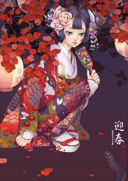Anime picture 2480x3508 with original dong xiao tall image highres short hair blue eyes purple hair japanese clothes hair flower new year girl hair ornament socks kimono leaf (leaves) snake zori tabi hagoita