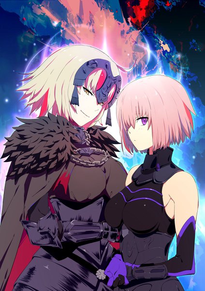 イラスト 848x1200 と Fateシリーズ fate/grand order jeanne d'arc (fate) (all) マシュ・キリエライト ジャンヌ・オルタ so品 長身像 カメラ目線 前髪 短い髪 おっぱい 金髪 笑顔 紫目 肩出し multiple girls 黄色眼 ピンク髪 upper body 片目隠れ