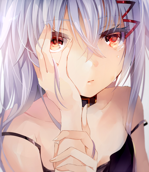 Anime picture 867x1000 with original tlla (artist) single long hair tall image looking at viewer fringe simple background hair between eyes red eyes bare shoulders purple hair parted lips tears close-up crying hand on face girl hair ornament choker